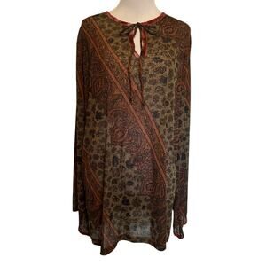 Avenue Burnout Tunic Womens Sz 18/20 Brown Green Paisley Velvet Ribbon Trim Top